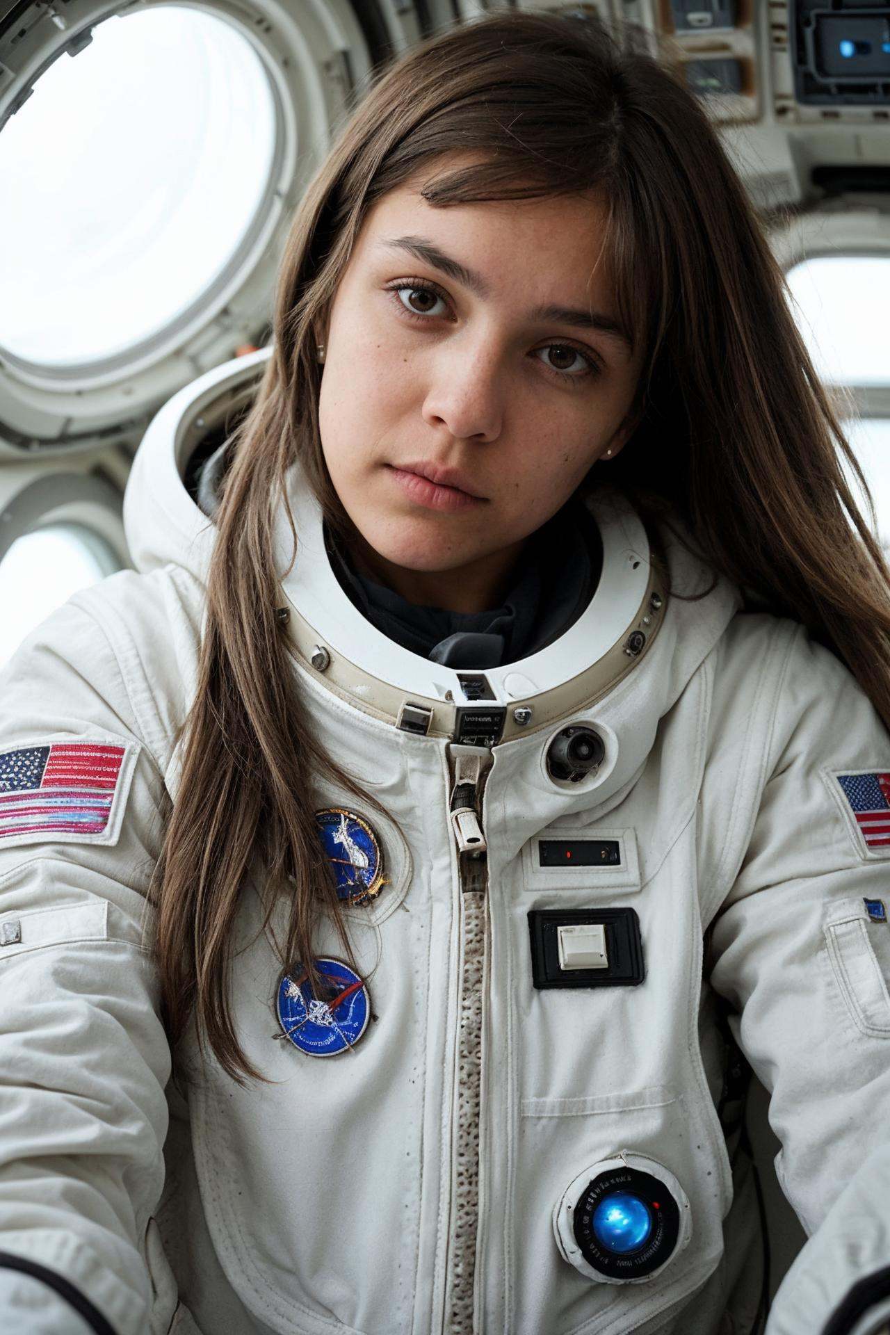 a photo of a messy brown hair girl,  unbuttoned white space suit,  cleavage on Tensor.Art