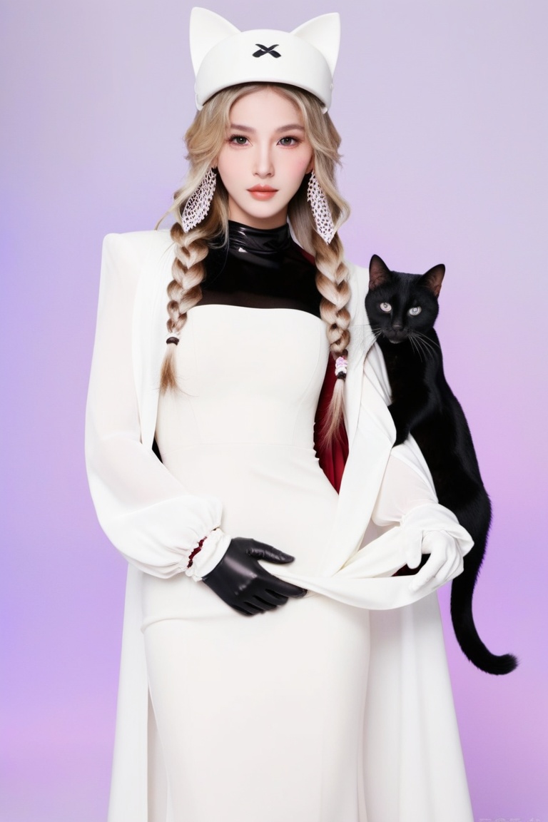 cat, 1girl, black cat, holding animal, halo, braid, gloves, holding, long hair, holding cat, animal, hat, dress, blonde hair, white gloves, purple eyes, white dress, mask, 1boy, long sleeves, looking at viewer, cape, picture frame, formal, single braid, black headwear, suit 