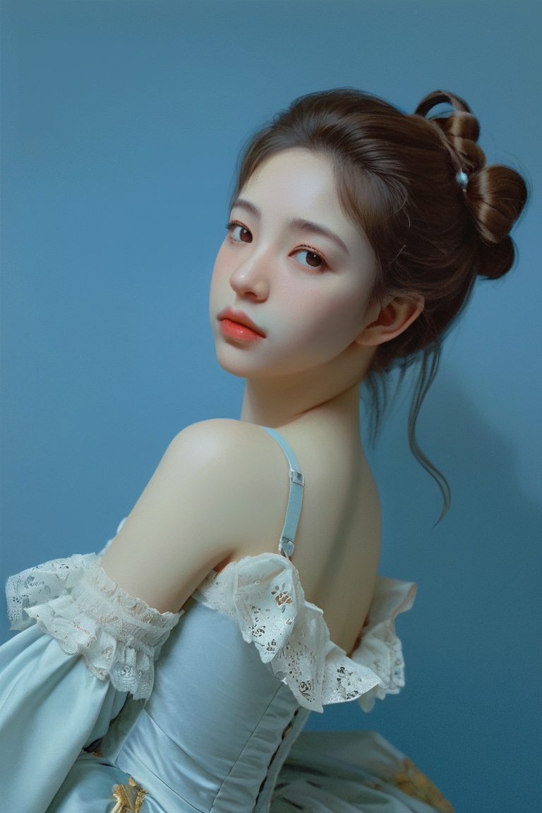  Realistic photo, 1 girl, masterpiece, Rococo style, highest quality, high quality, cute, (__camAngles__: 1.0), high-rise, Jeremy Lipking, Antonio J. Manzanedo, with a pure blue background. (()