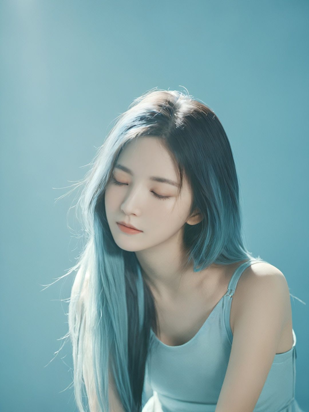  cinematic film still 1girl,closed eyes,light blue,Straight hair,long hair,light cream,upper body,light simple background,looking at viewer,bluntbangs,, . shallow depth of field, vignette, highly detailed, high budget, bokeh, cinemascope, moody, epic, gorgeous, film grain, grainy, realistic,monkren