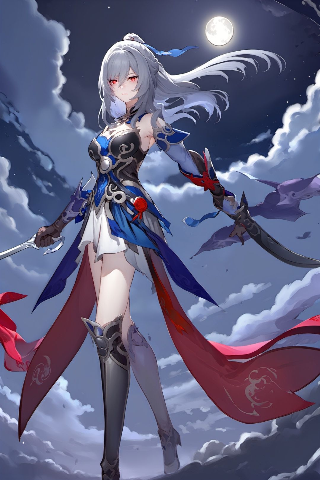 game cg,4k,best quality,highly detailed,jingliu, 1girl, solo, moon, long hair, weapon, red eyes, gloves, holding, full moon, holding weapon, dress, sky, cloud, night, looking at viewer, grey hair, full body, high heels, bare shoulders, breasts, sword, night sky, black gloves, elbow gloves