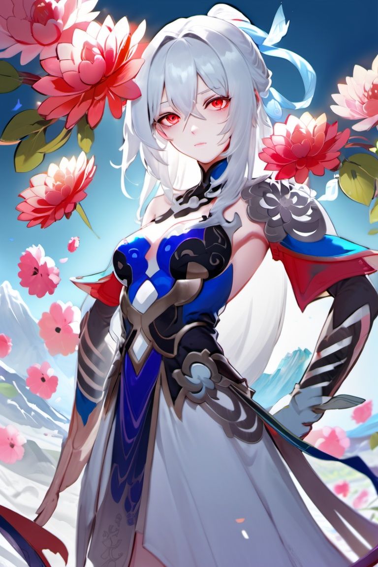 best quality,highly detailed,jingliu, 1girl, solo, red eyes, long hair, looking at viewer, hair over one eye, white hair, flower, breasts, bare shoulders, dress, gloves, upper body, elbow gloves