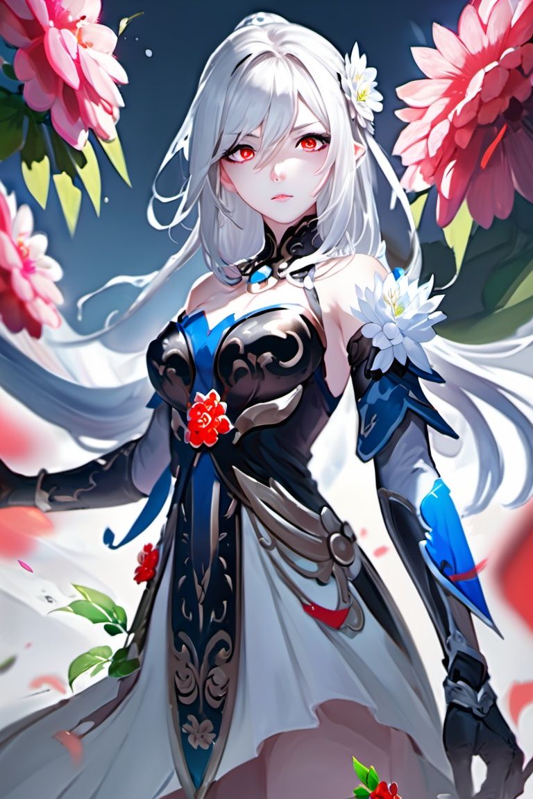 game cg,4k,best quality,highly detailed,jingliu, 1girl, solo, red eyes, long hair, looking at viewer, hair over one eye, white hair, flower, breasts, bare shoulders, dress, gloves, upper body, elbow gloves