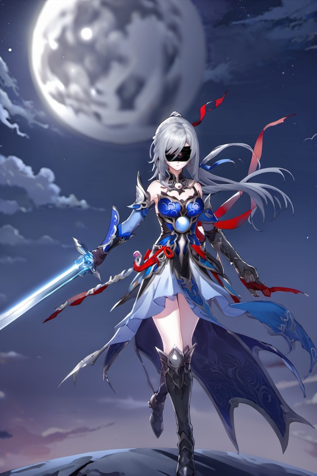 game cg,4k,best quality,highly detailed,jingliu, 1girl, solo, moon, long hair, weapon, red eyes, gloves, holding, full moon, holding weapon, dress, sky, cloud, night, looking at viewer, grey hair, full body, high heels, bare shoulders, breasts, sword, night sky, black gloves, elbow gloves,(blindfold:1.6)