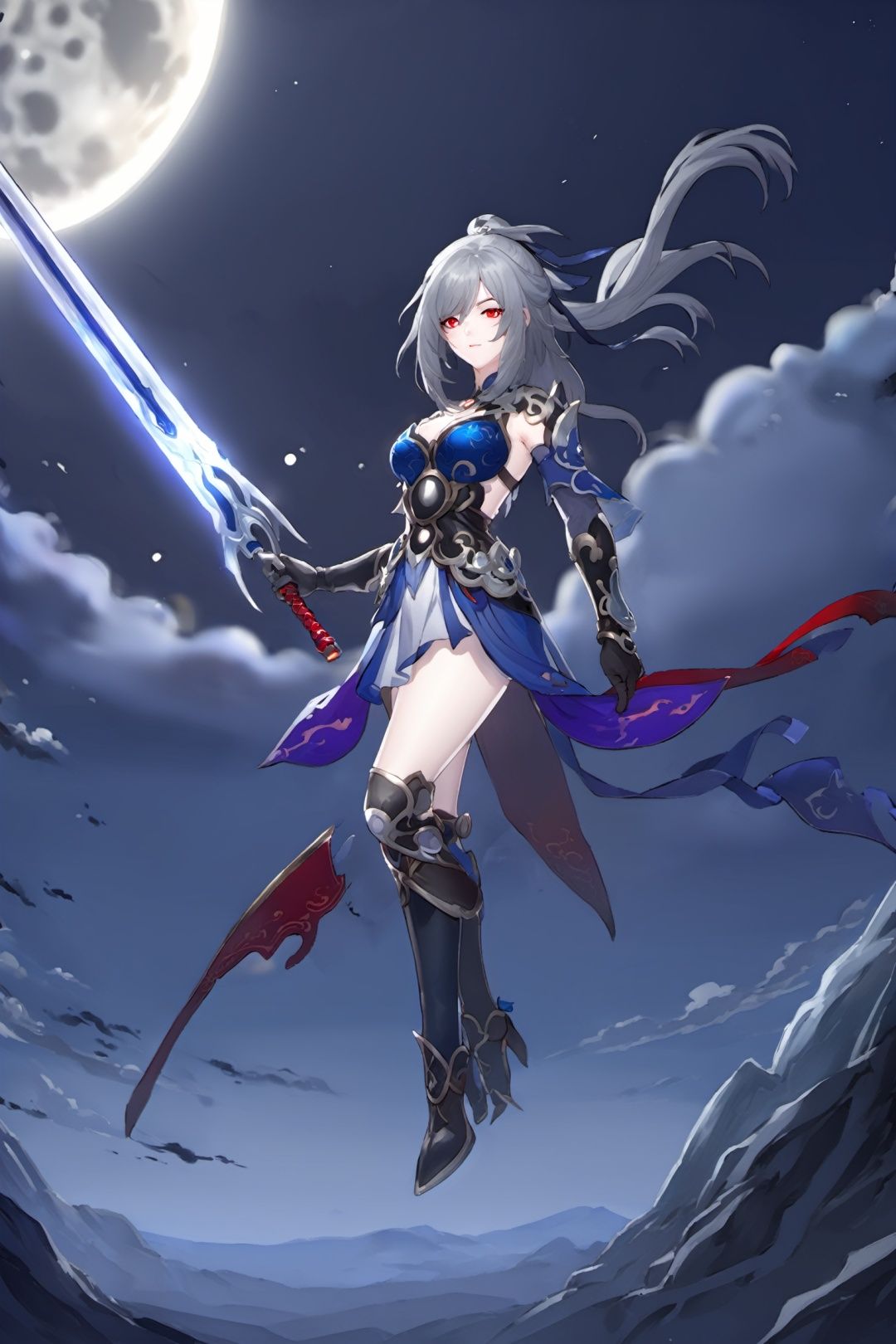 game cg,4k,best quality,highly detailed,jingliu, 1girl, solo, moon, long hair, weapon, red eyes, gloves, holding, full moon, holding weapon, dress, sky, cloud, night, looking at viewer, boots, grey hair, full body, high heels, bare shoulders, breasts, sword, black footwear, night sky, black gloves, elbow gloves