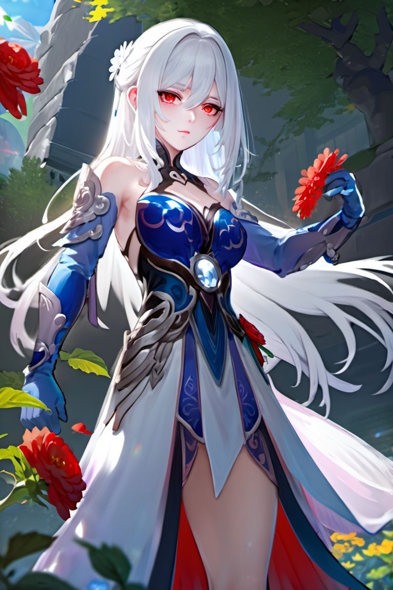 game cg,4k,best quality,highly detailed,jingliu, 1girl, solo, red eyes, long hair, looking at viewer, hair over one eye, white hair, flower, breasts, bare shoulders, dress, gloves, upper body, elbow gloves