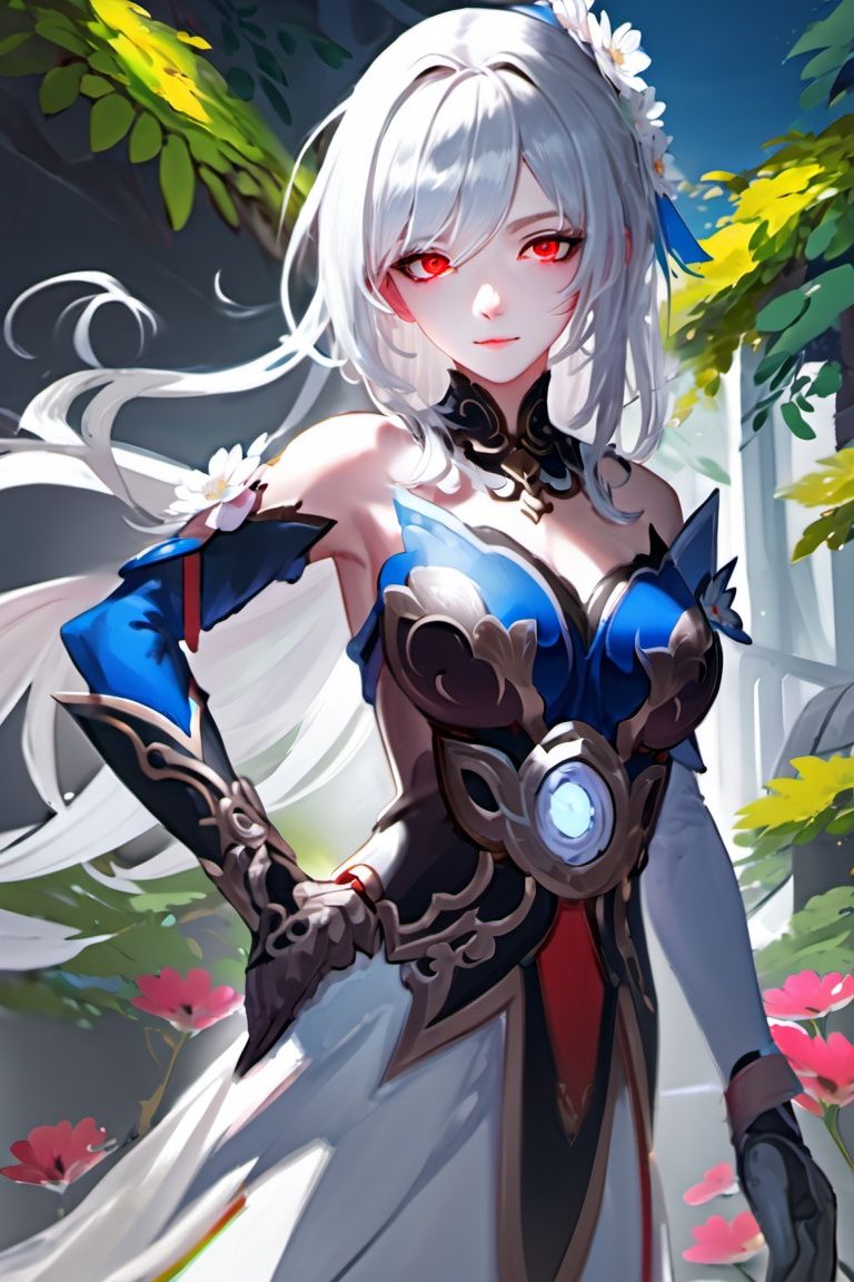 game cg,4k,best quality,highly detailed,jingliu, 1girl, solo, red eyes, long hair, looking at viewer, hair over one eye, white hair, flower, breasts, bare shoulders, dress, gloves, upper body, elbow gloves