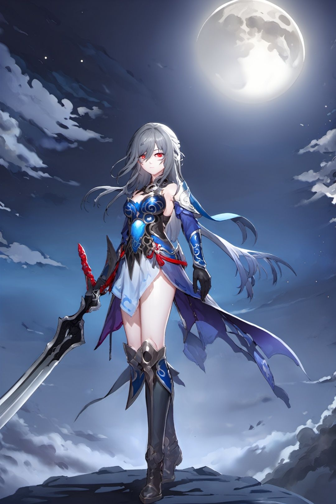 game cg,4k,best quality,highly detailed,jingliu, 1girl, solo, moon, long hair, weapon, red eyes, gloves, holding, full moon, holding weapon, dress, sky, cloud, night, looking at viewer, boots, grey hair, full body, high heels, bare shoulders, breasts, sword, black footwear, night sky, black gloves, elbow gloves