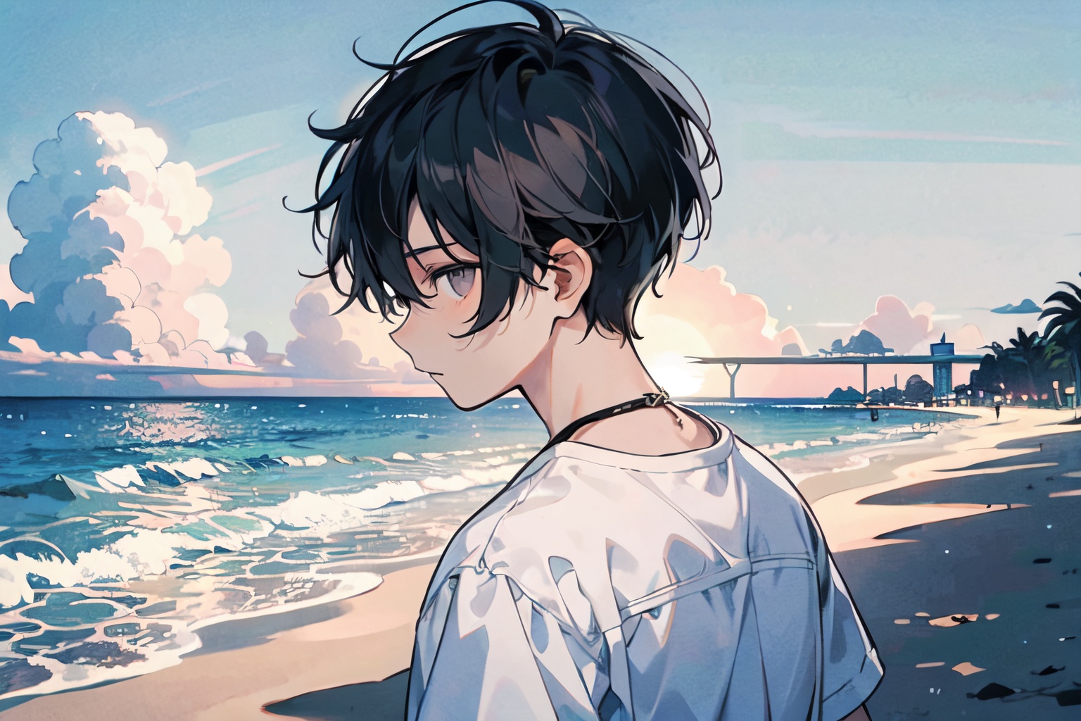 A boy with half a head of black hair and gray eyes stands on a beach on a sunny day. The boy is wearing a white short-slee...
