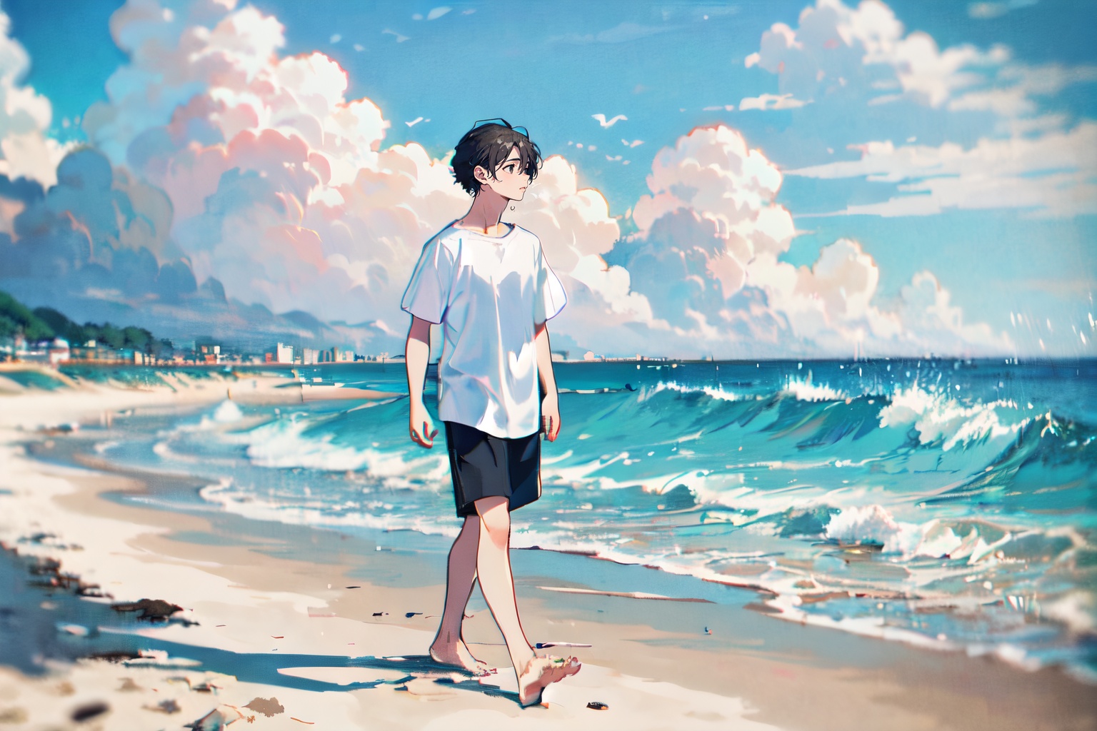 A beautiful boy with dark hair is walking along the beach. He wears a white shirt that flutters in the wind and walks bare...