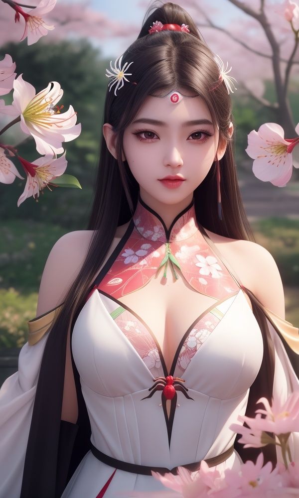 (,1girl, ,best quality, )masterpiece, fantasy, realistic,science fiction,mole, ultra realistic 8k cg, ,tamari \(flawless\),  large breasts  ,spider lily, lily \(flower\),cherry blossoms,plum blossoms, strawberry blossoms      upper body, <lora:DA_柳七月-战斗服-沧元图:0.6>