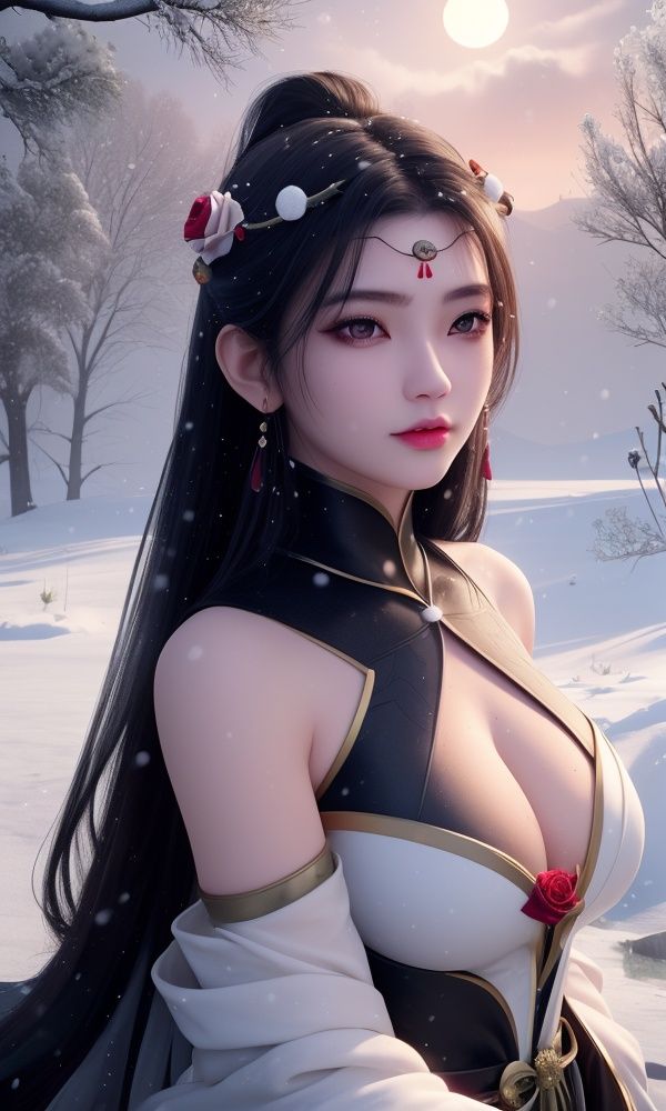 (,1girl, ,best quality, )masterpiece, fantasy, realistic,science fiction,mole, ultra realistic 8k cg, ,tamari \(flawless\),  large breasts  ,outdoors, snow, snowing, snow on head, sun,sunset,sunlight,moonlight,full moon, red moon,  crescent moon,  crescent rose,  black rose,       upper body, <lora:DA_柳七月-战斗服-沧元图:0.6>