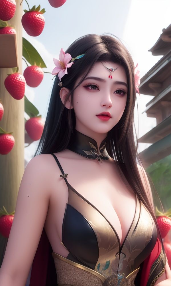 (,1girl, ,best quality, )masterpiece, fantasy, realistic,science fiction,mole, ultra realistic 8k cg, ,tamari \(flawless\),  large breasts  ,lily \(flower\) ,full moon ,strawberry blossoms      upper body, <lora:DA_柳七月-战斗服-沧元图:0.6>