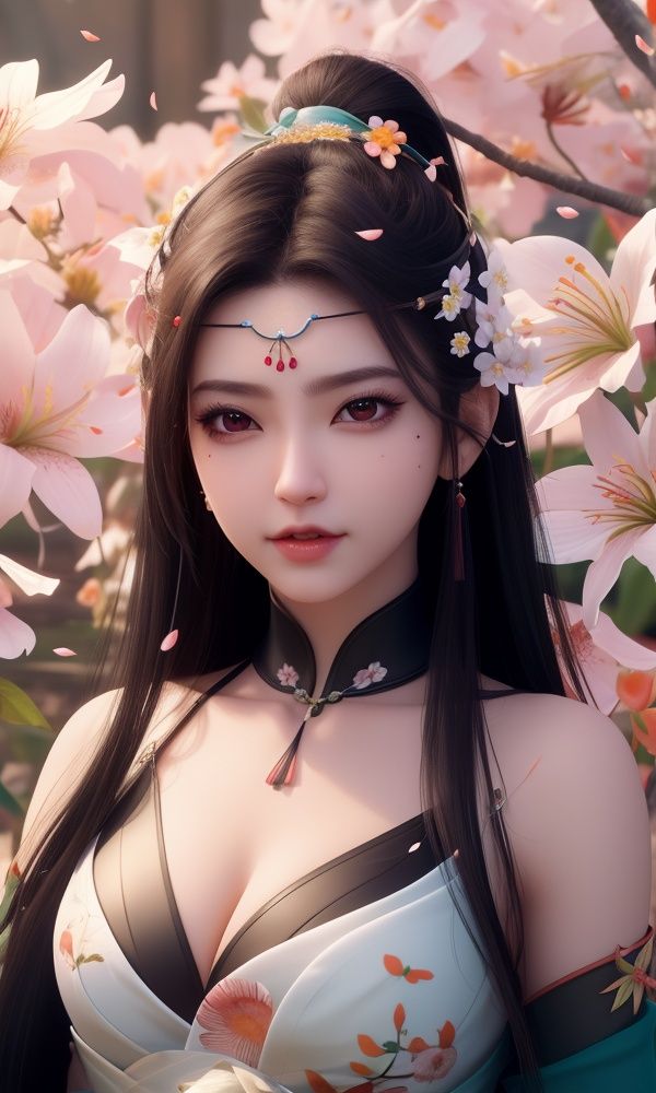 (,1girl, ,best quality, )masterpiece, fantasy, realistic,science fiction,mole, ultra realistic 8k cg, ,tamari \(flawless\),  large breasts  ,orange blossoms, spider lily, lily \(flower\),cherry blossoms,plum blossoms, strawberry blossoms      upper body, <lora:DA_柳七月-战斗服-沧元图:0.6>