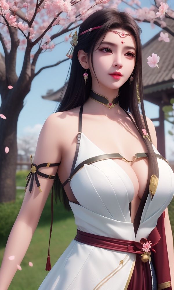 (,1girl, ,best quality, )masterpiece, fantasy, realistic,science fiction,mole, ultra realistic 8k cg, ,tamari \(flawless\),  large breasts,outdoors, sun,sunlight, cherry blossoms,      upper body, <lora:DA_柳七月-战斗服-沧元图:0.6>