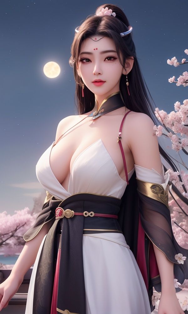 (,1girl, ,best quality,, ),masterpiece, fantasy, realistic,science fiction,mole,,ultra realistic 8k cg, flawless,tamari \(flawless\), large breasts,cherry blossoms,,night, night sky, crescent moon, moonlight,,(facing viewer, looking at viewer, , ),  upper body, <lora:DA_柳七月-战斗服-沧元图:0.6>