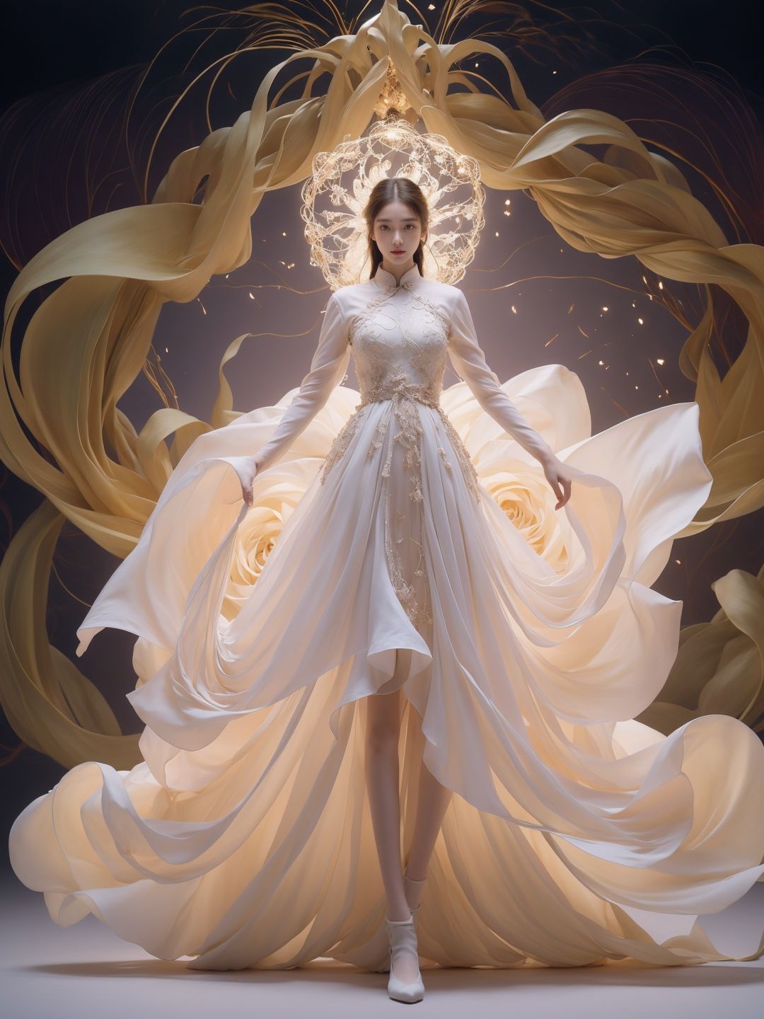 cinematic photo official art,unity 8k wallpaper,ultra detailed,aesthetic,masterpiece,best quality,photorealistic,entangle,purple rose,tangle,entangle,1girl,chinese woman,(full body:1.2),Glowing eyes,tears,Golden eyeshadows,ecstasy of flower,dynamic angle,the most beautiful form of chaos,elegant,a brutalist designed,Gradient colours,romanticism,film,professional,highly detailed,skin detail realistic,Glass fragments,Shimmering Crysta,looking at viewer,(long legs:1.5),(zentangle, mandala, tangle, entangle),(china_dress:1.1),(better hands,hands at the waist:1.2),random attitude,<lora:HSDRESS:0.4>,