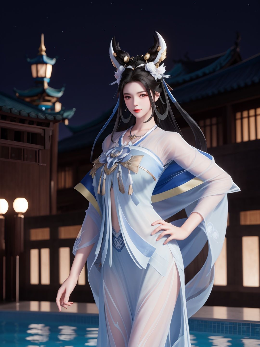 WZRYchangeRML, 1girl, solo, dress, jewelry, black hair,long hair, facial mark, headgear, see-through, looking at viewer, standing, forehead mark, chinese clothes,shawl, cityscape, night, pool,mature female, cowboy shot, <lora:WZRYchangeRMLGF:0.75>,hand on hip, fur trim, 
