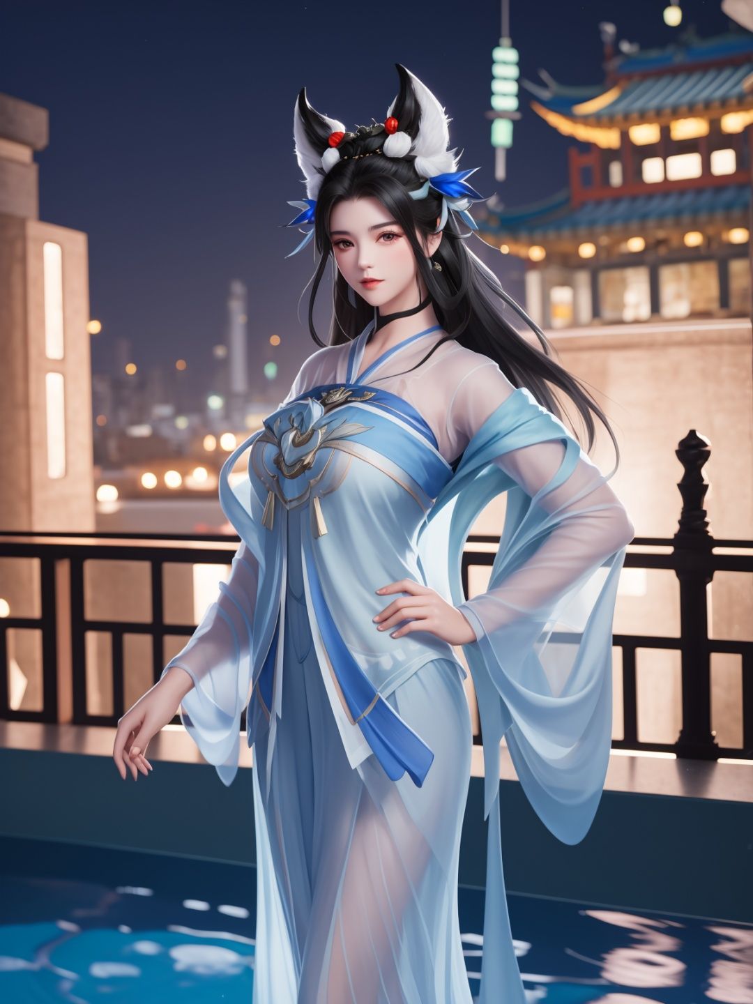 WZRYchangeRML, 1girl, solo, dress, jewelry, black hair,long hair, facial mark, headgear, see-through, looking at viewer, standing, forehead mark, chinese clothes,shawl, cityscape, night, pool,mature female, cowboy shot, <lora:WZRYchangeRMLGF:0.75>,hand on hip, fur trim, 
