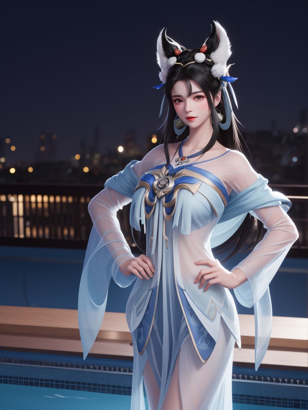 WZRYchangeRML, 1girl, solo, dress, jewelry, black hair,long hair, facial mark, headgear, see-through, looking at viewer, standing, forehead mark, chinese clothes,shawl, cityscape, night, pool,mature female, cowboy shot, <lora:WZRYchangeRMLGF:0.75>,hand on hip, fur trim, 