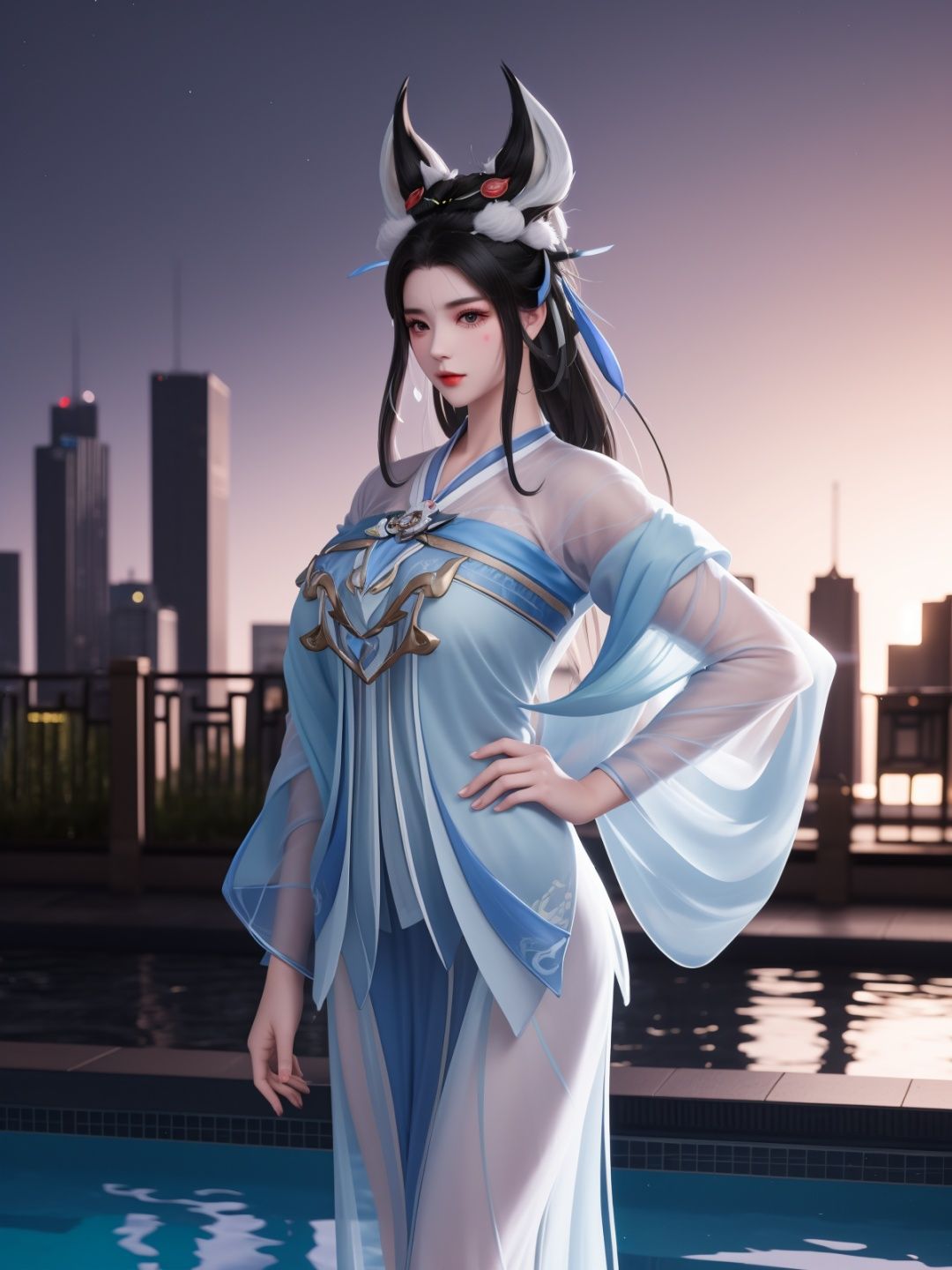 WZRYchangeRML, 1girl, solo, dress, jewelry, black hair,long hair, facial mark, headgear, see-through, looking at viewer, standing, forehead mark, chinese clothes,shawl, cityscape, night, pool,mature female, cowboy shot, <lora:WZRYchangeRMLGF:0.75>,hand on hip, fur trim, 