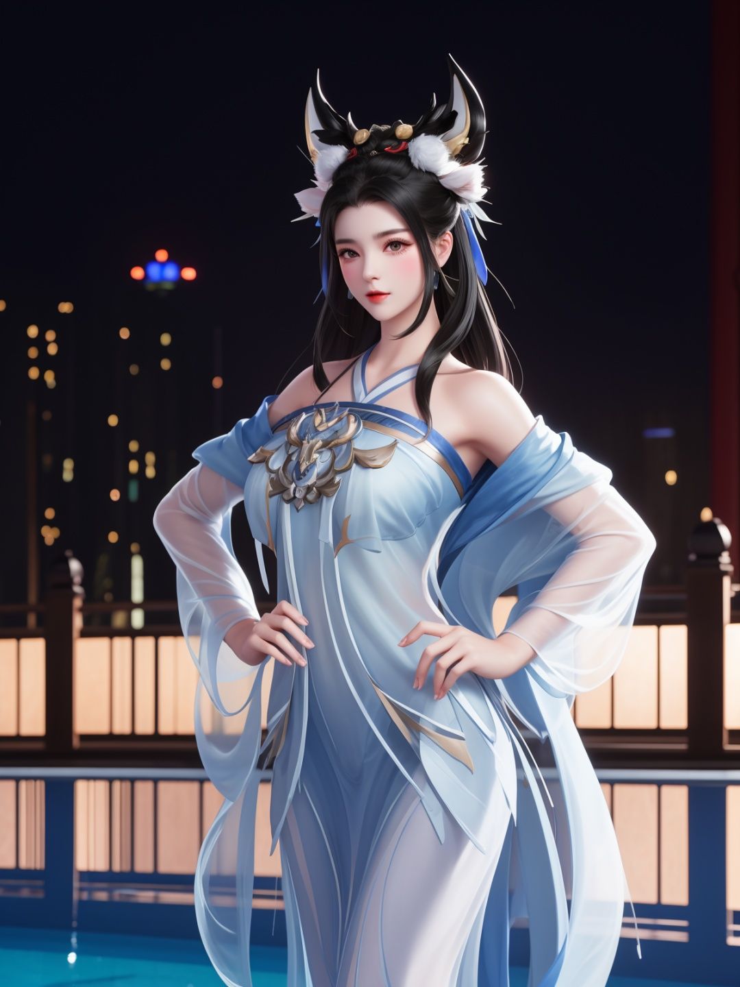 WZRYchangeRML, 1girl, solo, dress, jewelry, black hair,long hair, facial mark, headgear, see-through, looking at viewer, standing, forehead mark, chinese clothes,shawl, cityscape, night, pool,mature female, cowboy shot, <lora:WZRYchangeRMLGF:0.75>,hand on hip, fur trim, 