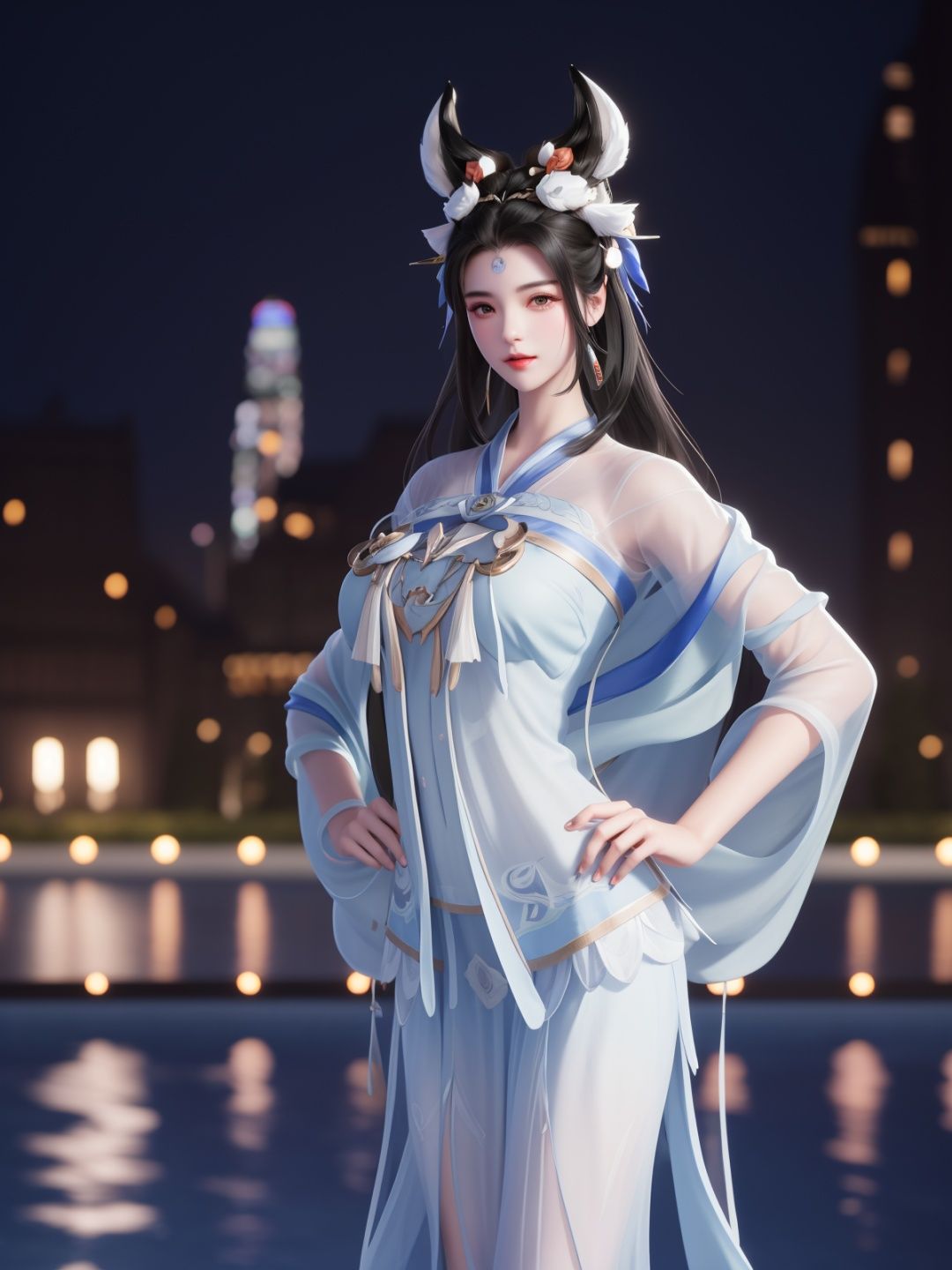 WZRYchangeRML, 1girl, solo, dress, jewelry, black hair,long hair, facial mark, headgear, see-through, looking at viewer, standing, forehead mark, chinese clothes,shawl, cityscape, night, pool,mature female, cowboy shot, <lora:WZRYchangeRMLGF:0.75>,hand on hip, fur trim, 