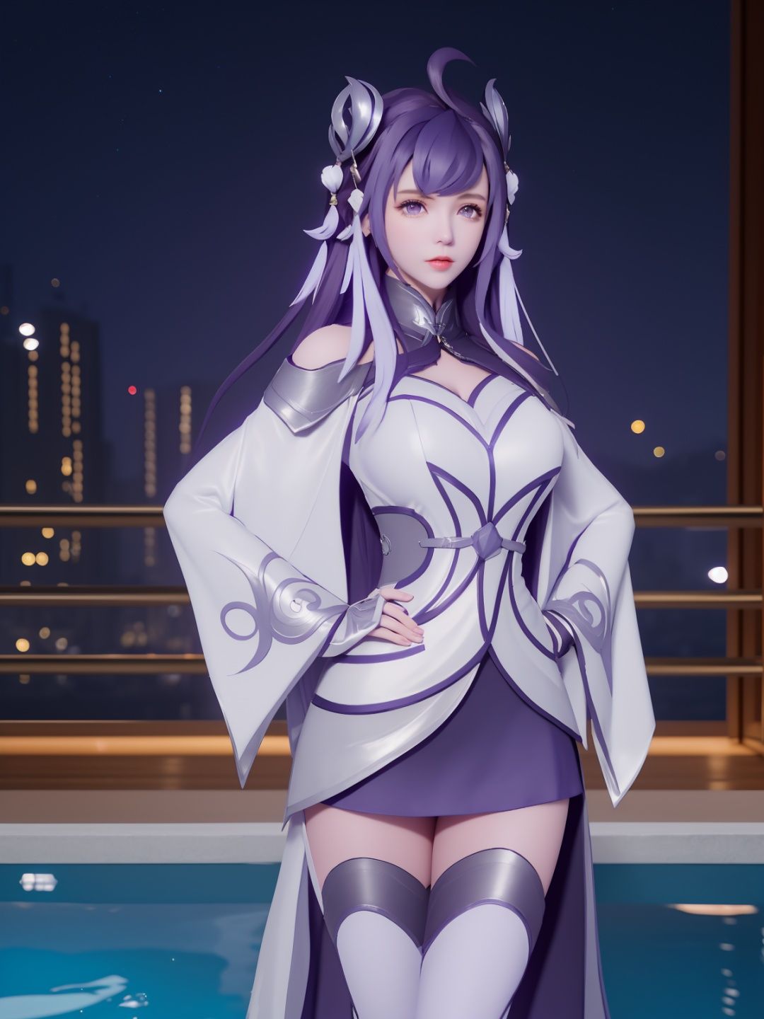 WZRYxishiGXMY, 1girl, solo, purple eyes, thighhighs, purple hair, long hair, headgear, ahoge, dress, lips, gloves,long sleeves, bare shoulders, sash,clothing cutout,mature female, looking at viewer,standing,cityscape, night, pool,hand on hip, <lora:WZRYxishiGXMY:0.75>