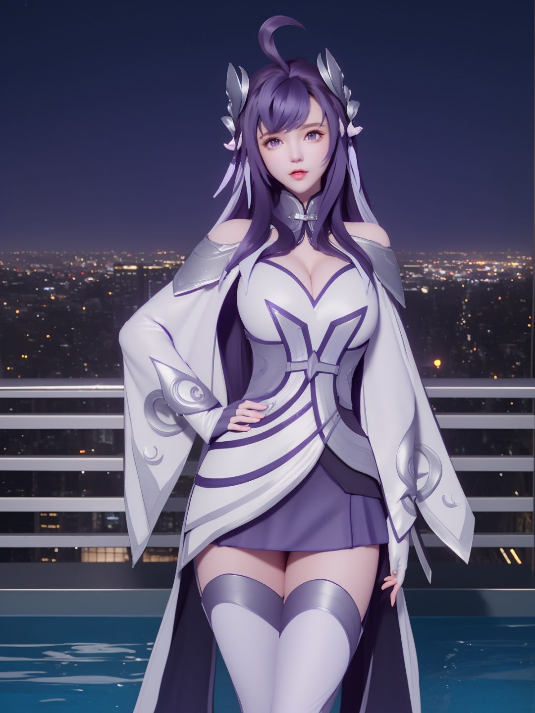 WZRYxishiGXMY, 1girl, solo, purple eyes, thighhighs, purple hair, long hair, headgear, ahoge, dress, lips, gloves,long sleeves, bare shoulders, sash,clothing cutout,mature female, looking at viewer,standing,cityscape, night, pool,hand on hip, <lora:WZRYxishiGXMY:0.75>
