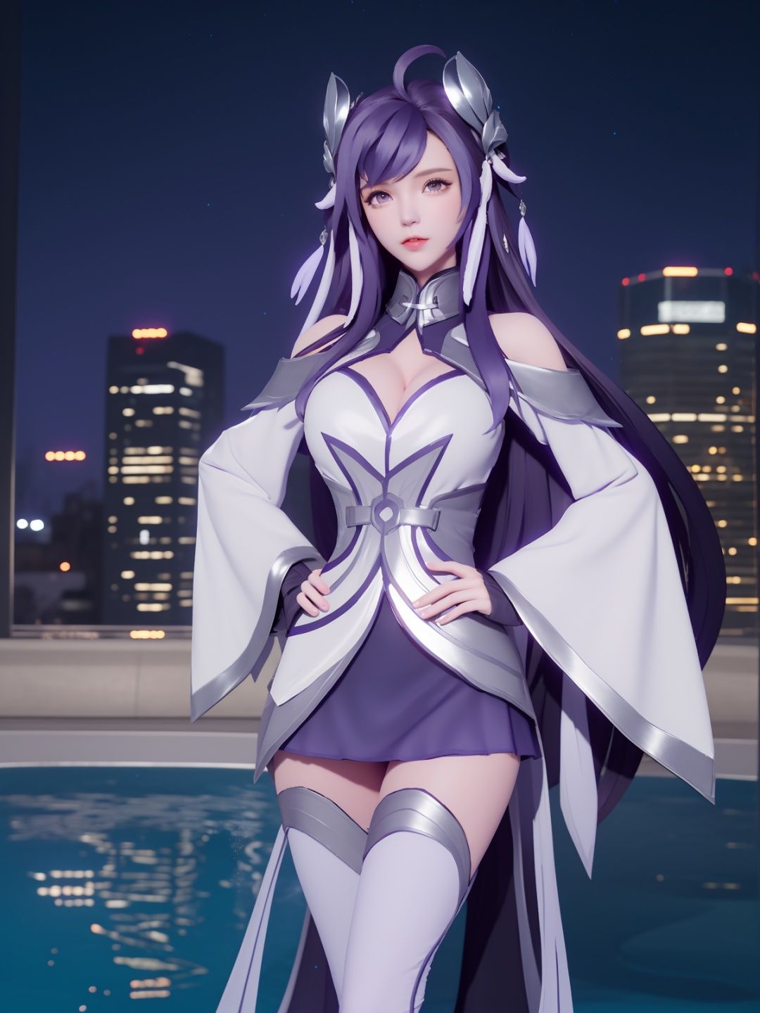 WZRYxishiGXMY, 1girl, solo, purple eyes, thighhighs, purple hair, long hair, headgear, ahoge, dress, lips, gloves,long sleeves, bare shoulders, sash,clothing cutout,mature female, looking at viewer,standing,cityscape, night, pool,hand on hip, <lora:WZRYxishiGXMY:0.75>