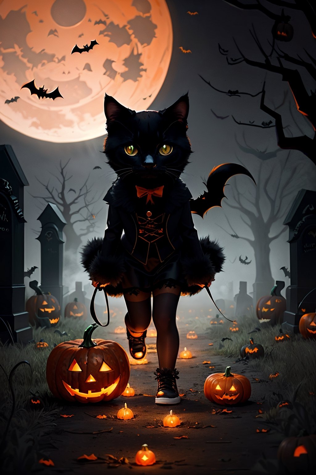 In a spooky (Halloween-themed) scene,  a mischievous black cat,  its fur shimmering with spectral energy on Tensor.Art