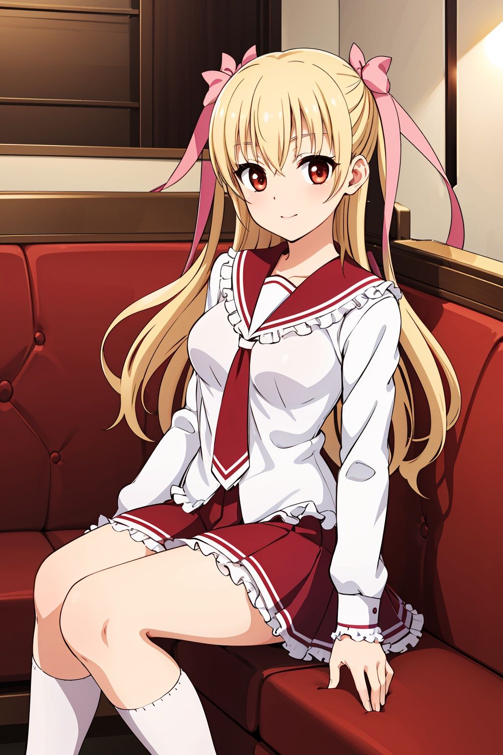 masterpiece, best quality, highres, aariko, long hair, blonde hair, two side up, hair ribbon, pink ribbon, school uniform, frills, serafuku, sailor collar, necktie, white shirt, long sleeves, red skirt, indoors, sitting, sofa, living room,