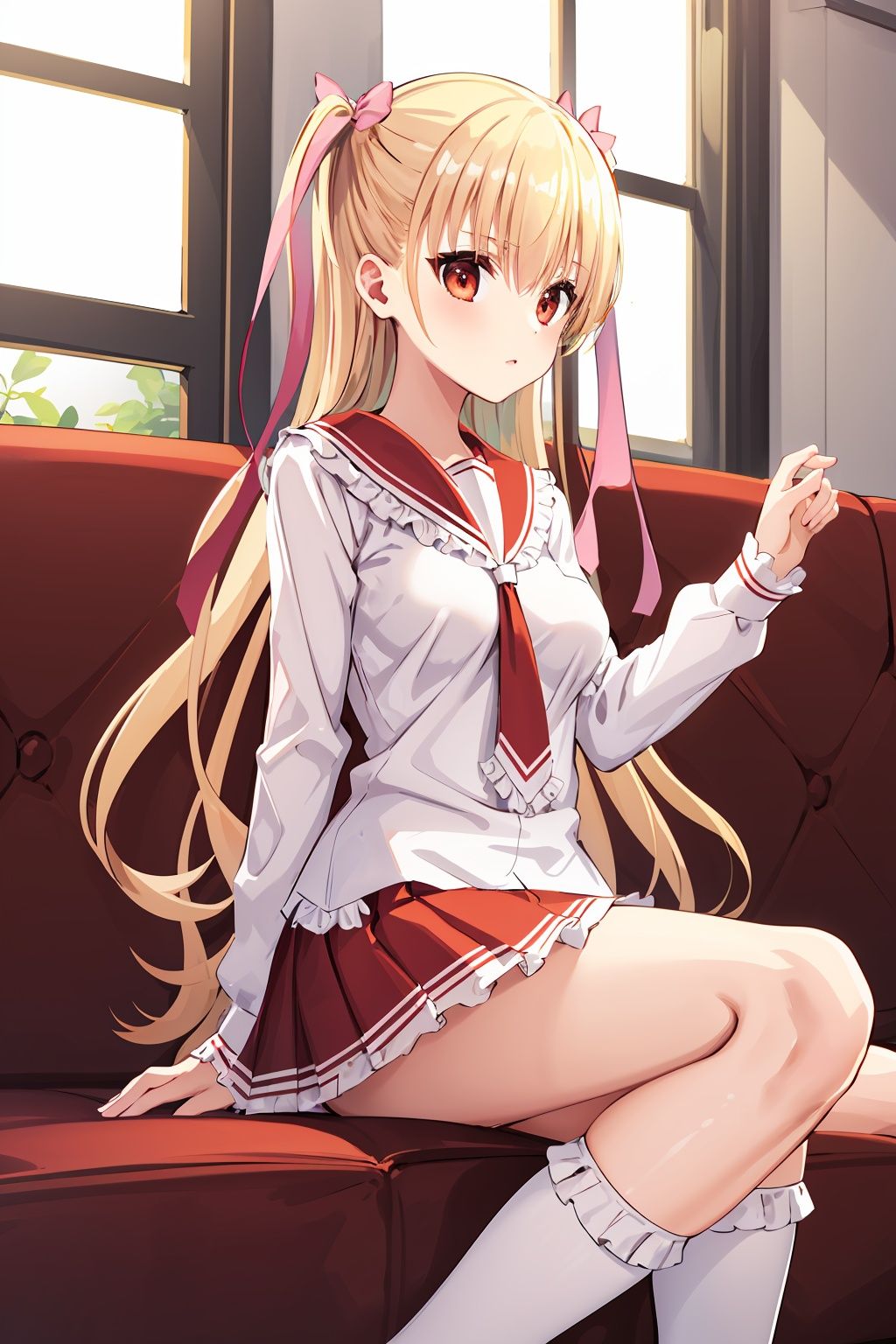 masterpiece, best quality, highres, aariko, long hair, blonde hair, two side up, hair ribbon, pink ribbon, school uniform, frills, serafuku, sailor collar, necktie, white shirt, long sleeves, red skirt, indoors, sitting, sofa, living room,