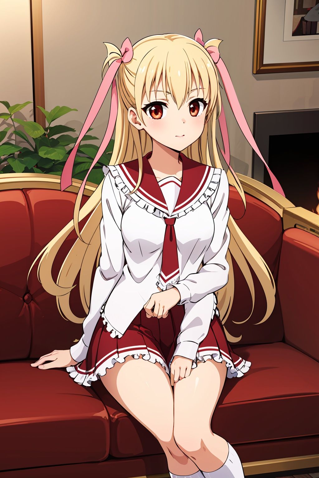 masterpiece, best quality, highres, aariko, long hair, blonde hair, two side up, hair ribbon, pink ribbon, school uniform, frills, serafuku, sailor collar, necktie, white shirt, long sleeves, red skirt, indoors, sitting, sofa, living room,