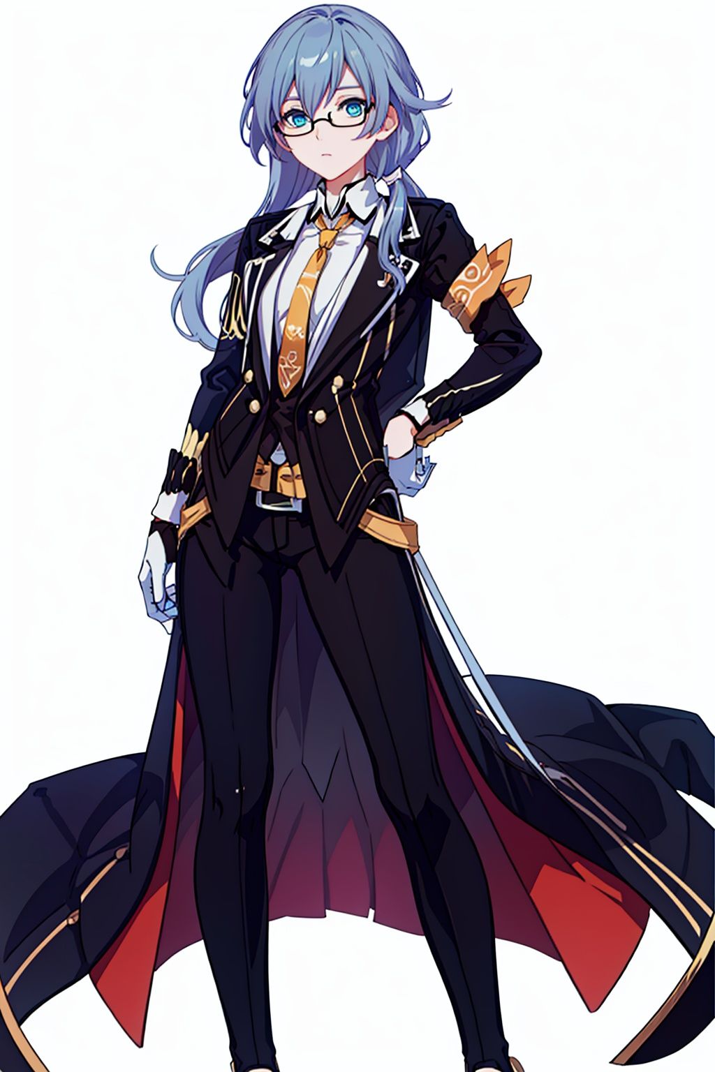 (masterpiece:1.3),(the best quality:1.2),(super fine illustrations:1.2),(Masterpiece),high quality,high detail,(white background:1.2),looking at viewer,(SOLO:1.4),outline,simplebackground,, hair between eyes,suit,butler,black-framed eyewear,armband,long sleeves,low ponytail,blue eyes,fu hua,white shirt,necktie,pants,black pants,white gloves,belt,gloves,long hair,glasses,shirt,jacket,white bow,