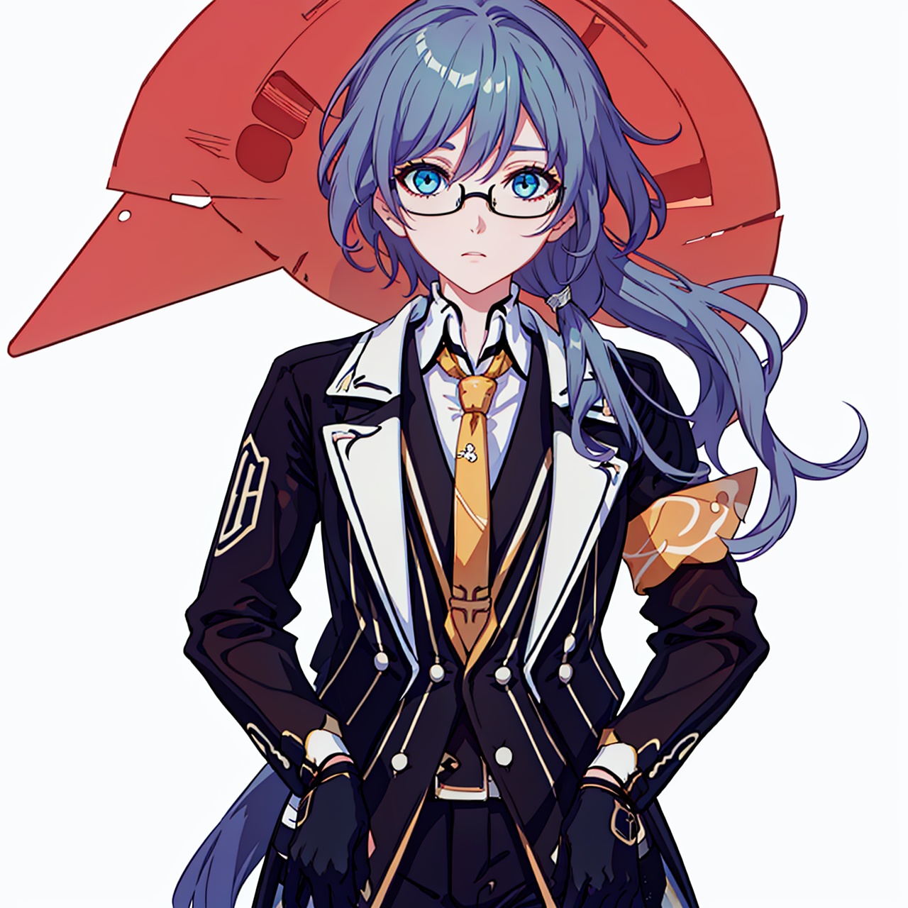 (masterpiece:1.3),(the best quality:1.2),(super fine illustrations:1.2),(Masterpiece),high quality,high detail,(white background:1.2),looking at viewer,(SOLO:1.4),outline,simplebackground,, hair between eyes,suit,butler,black-framed eyewear,armband,long sleeves,low ponytail,blue eyes,fu hua,white shirt,necktie,pants,black pants,white gloves,belt,gloves,long hair,glasses,shirt,jacket,white bow,