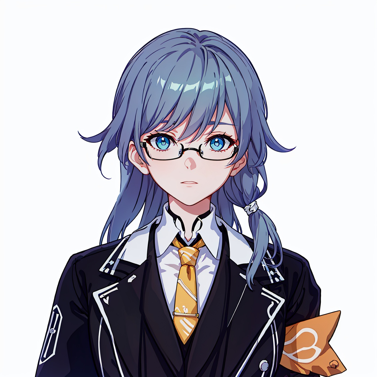  (masterpiece:1.3),(the best quality:1.2),(super fine illustrations:1.2),(Masterpiece),high quality,high detail,(white background:1.2),looking at viewer,(SOLO:1.4),outline,simplebackground,, hair between eyes,suit,butler,black-framed eyewear,armband,long sleeves,low ponytail,blue eyes,fu hua,white shirt,necktie,pants,black pants,white gloves,belt,gloves,long hair,glasses,shirt,jacket,white bow,