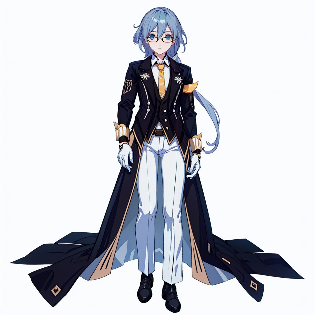 (masterpiece:1.3),(the best quality:1.2),(super fine illustrations:1.2),(Masterpiece),high quality,high detail,(white background:1.2),looking at viewer,(SOLO:1.4),outline,simplebackground,, hair between eyes,suit,butler,black-framed eyewear,armband,long sleeves,low ponytail,blue eyes,fu hua,white shirt,necktie,pants,black pants,white gloves,belt,gloves,long hair,glasses,shirt,jacket,white bow,