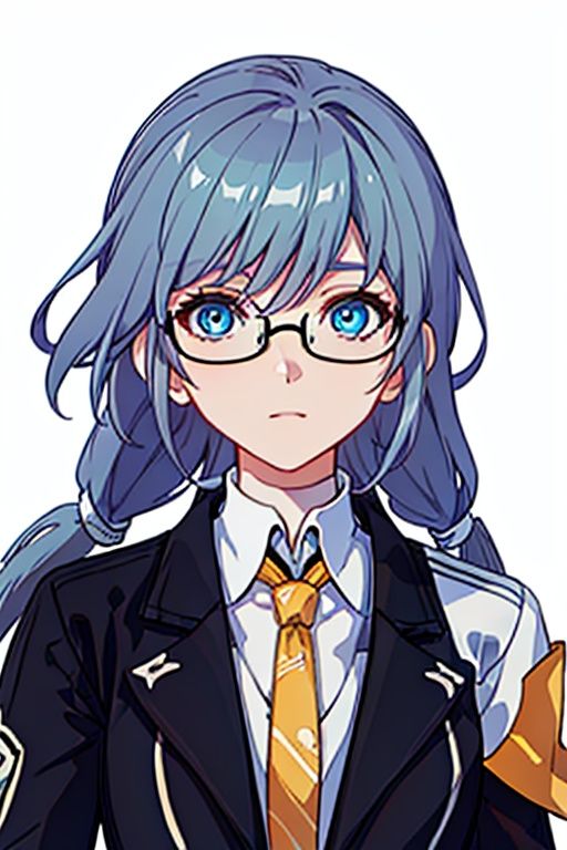 (masterpiece:1.3),(the best quality:1.2),(super fine illustrations:1.2),(Masterpiece),high quality,high detail,(white background:1.2),looking at viewer,(SOLO:1.4),outline,simple background,<lora:符华-黑执事:0.8>, hair between eyes,suit,butler,black-framed eyewear,armband,long sleeves,low ponytail,blue eyes,fu hua,white shirt,necktie,pants,black pants,white gloves,belt,gloves,long hair,glasses,shirt,jacket,white bow,