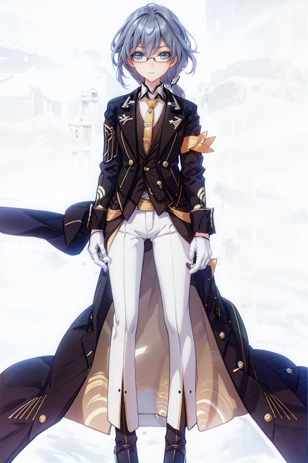(masterpiece:1.3),(the best quality:1.2),(super fine illustrations:1.2),(Masterpiece),high quality,high detail,(white background:1.2),looking at viewer,(SOLO:1.4),outline,simplebackground,, hair between eyes,suit,butler,black-framed eyewear,armband,long sleeves,low ponytail,blue eyes,fu hua,white shirt,necktie,pants,black pants,white gloves,belt,gloves,long hair,glasses,shirt,jacket,white bow,