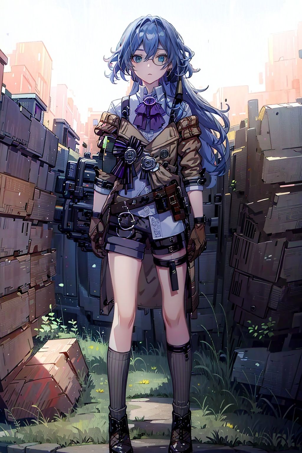 (masterpiece:1.3),(the best quality:1.2),(super fine illustrations:1.2),(Masterpiece),high quality,high detail,(white background:1.2),looking at viewer,(SOLO:1.4),outline,simplebackground,, gloves,thighhighs,shorts,hair ornament,striped bow,jewelry,coat,plaid,collared shirt,necktie,very long hair,long sleeves,multicolored hair,bangs,suspenders,kneehighs,purple bow,white shirt,bowtie,purple bowtie,shirt,jacket,brooch,hair between eyes,