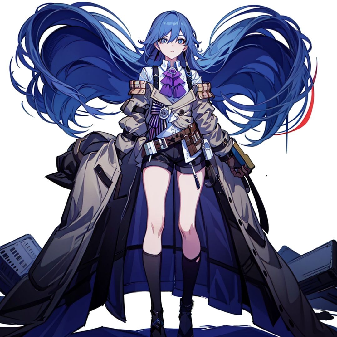 (masterpiece:1.3),(the best quality:1.2),(super fine illustrations:1.2),(Masterpiece),high quality,high detail,(white background:1.2),looking at viewer,(SOLO:1.4),outline,simplebackground,, gloves,thighhighs,shorts,hair ornament,striped bow,jewelry,coat,plaid,collared shirt,necktie,very long hair,long sleeves,multicolored hair,bangs,suspenders,kneehighs,purple bow,white shirt,bowtie,purple bowtie,shirt,jacket,brooch,hair between eyes,