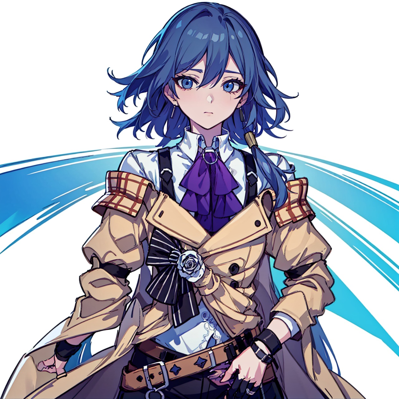  (masterpiece:1.3),(the best quality:1.2),(super fine illustrations:1.2),(Masterpiece),high quality,high detail,(white background:1.2),looking at viewer,(SOLO:1.4),outline,simplebackground,, gloves,thighhighs,shorts,hair ornament,striped bow,jewelry,coat,plaid,collared shirt,necktie,very long hair,long sleeves,multicolored hair,bangs,suspenders,kneehighs,purple bow,white shirt,bowtie,purple bowtie,shirt,jacket,brooch,hair between eyes,