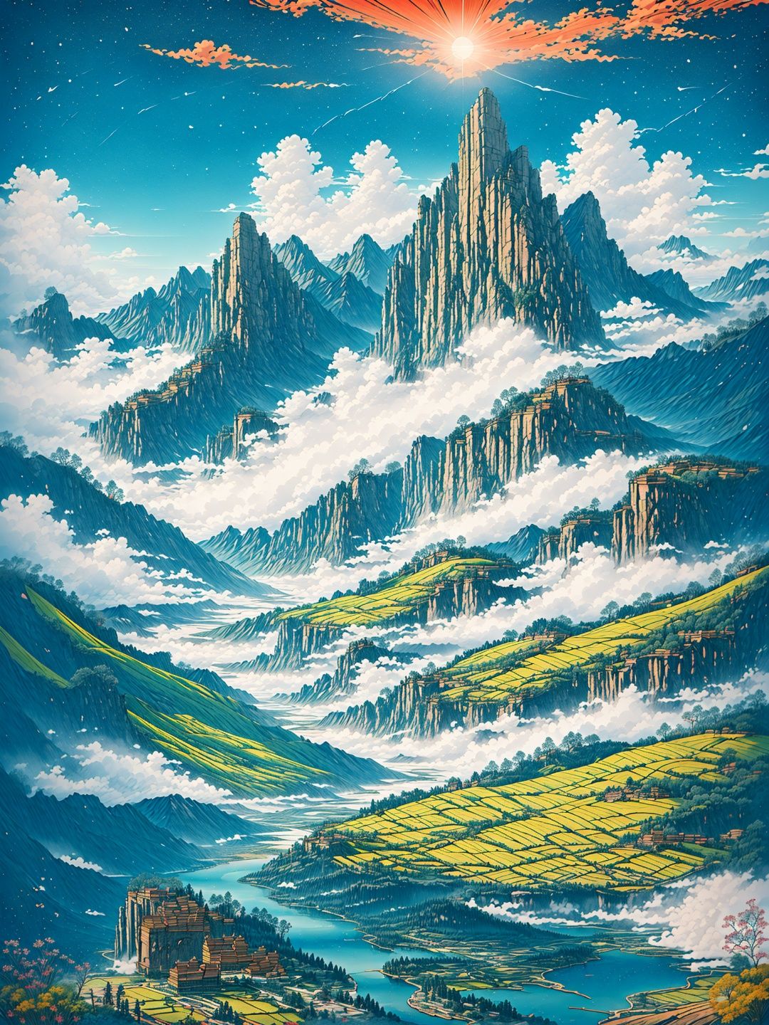 outdoors,mountian,lake,sunrise,(((masterpiece,best quality))),((good structure)),((Good composition)), ((clear, original,beautiful))