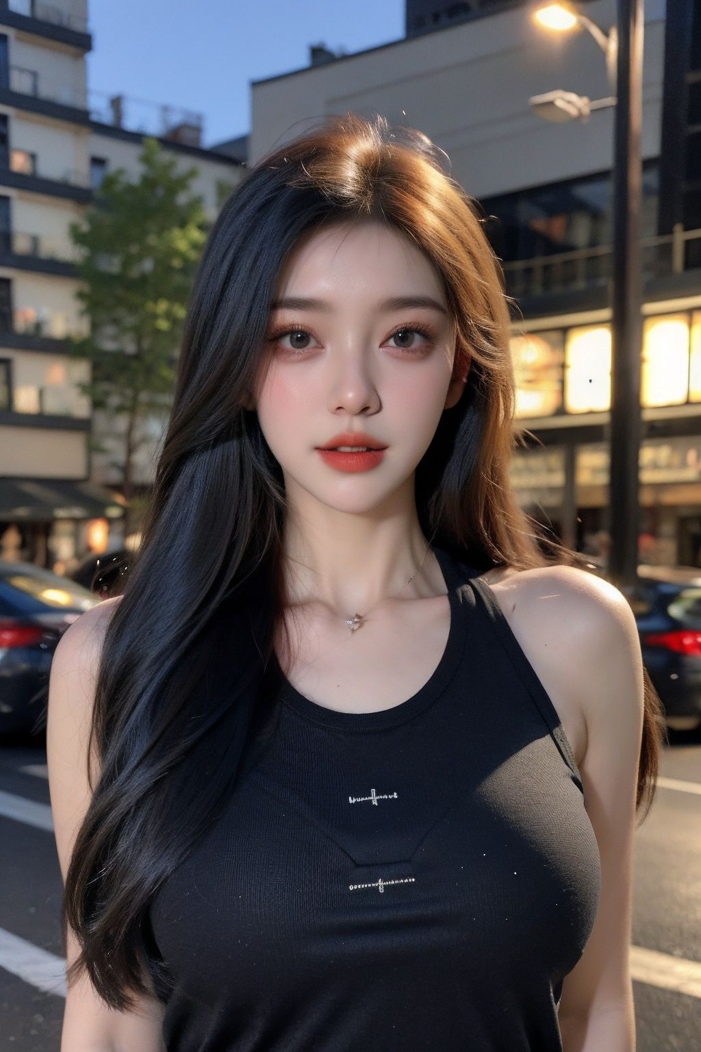 1girl, solo, long hair, realistic, lips, parted lips, upper body, night, blurry background,