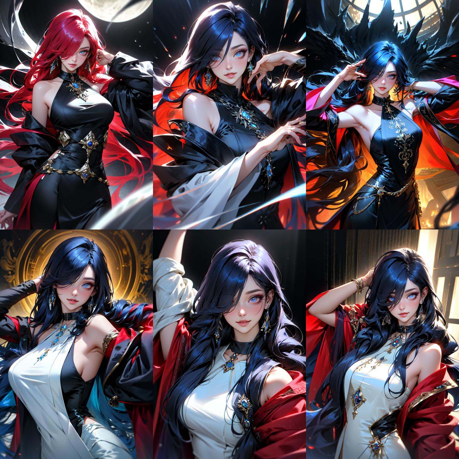 (otherworldly, otherworldly atmosphere, otherworldly appearance), highly insanely detailed, masterpiece, top quality, best quality, highres, 4k, 8k, RAW photo, (long_hair, long hair), collar, earrings, jewelry, (random colors cloth, random colors hair, random long hair, dynamic hair, glowing hair), long hair, eyeliner, makeup, hair over one eye, (dynamic pose), (dynamic weather), 1girl, Silk coats, sexy poses, Brilliant light, upper body, eyelashes, bare shoulders, jewelry, realistic, parted lips, breasts, <lora:时尚服装LORA_v1.0:0.7>, (smiling at viewer), (fantasy world)