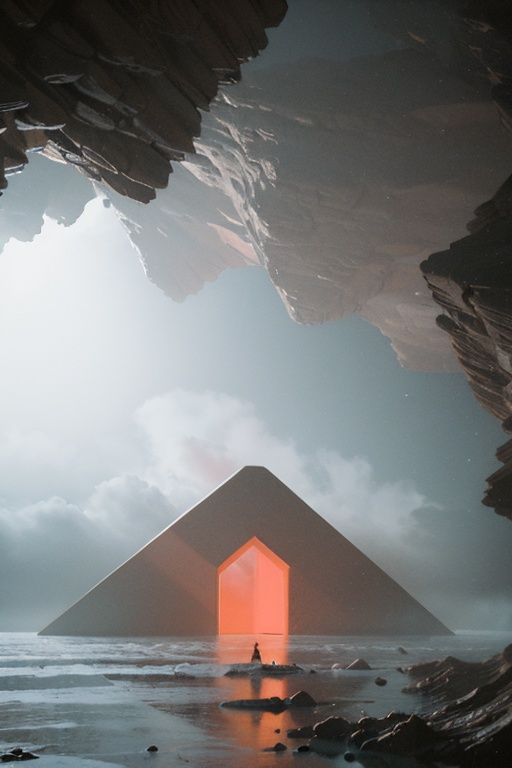 The end of the future,cloudy day,(Misty and hazy:1.1),(Thegeometric architecture:1.2),door head with red light,rock,<lora:The end of the future_20231002220509-000044:1>,