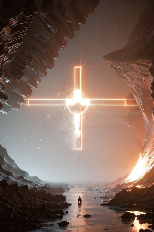The end of the future,<lora:The end of the future_20231002220509:1>,cave,rock,the gods in the sky float in the air,cross,radiant cross,white light,heavenly god,