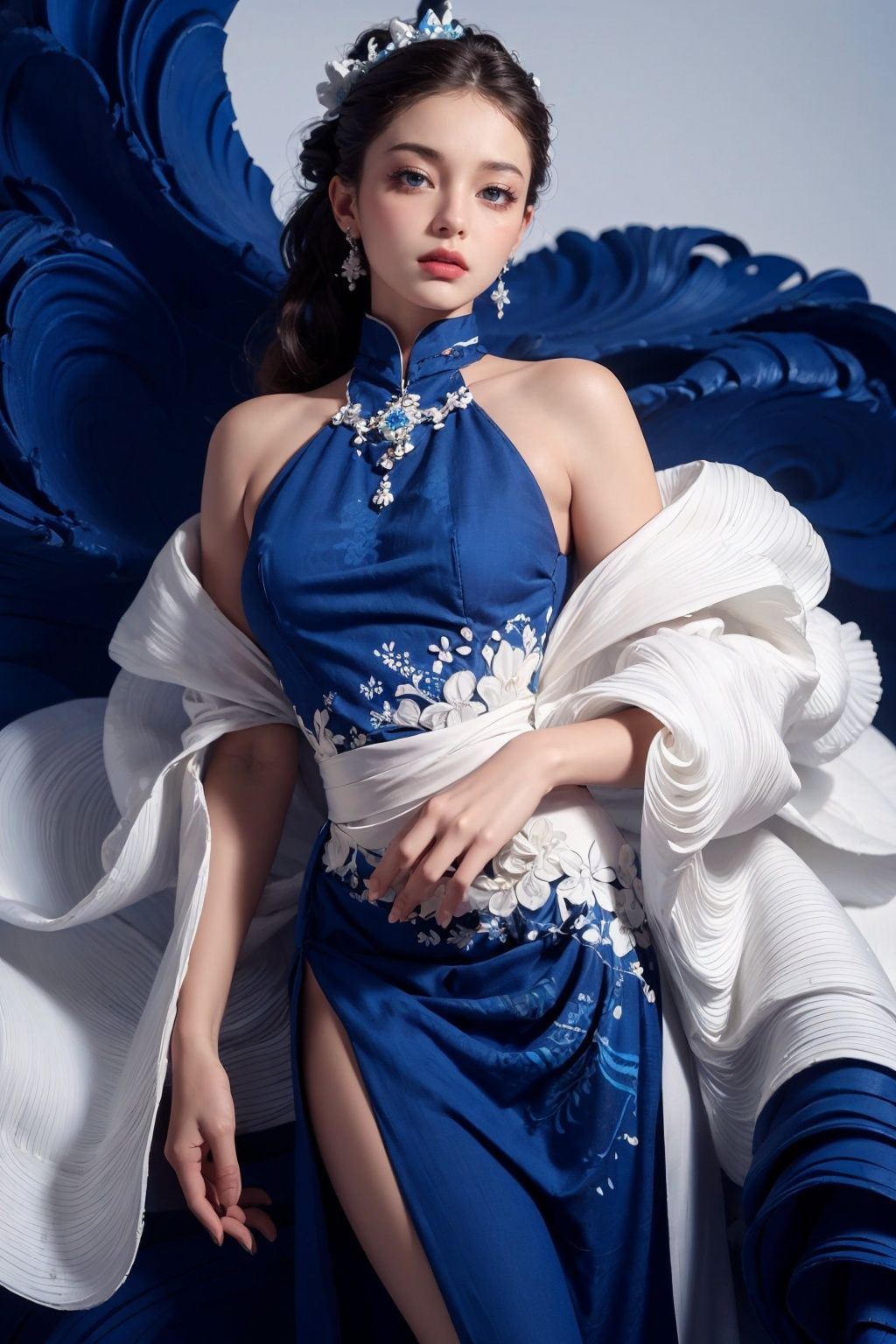  (best quality), (realistic medium, photo realistic: 1.3), (masterpiece: 1.3), 1 girl, blue dress, cascading dress, extremely delicate and beautiful, beautiful and meticulous girl, abstract wave cave background, blue and white background, (fractal art: 1.3), extremely rich in color, extremely detailed, Fashion Style