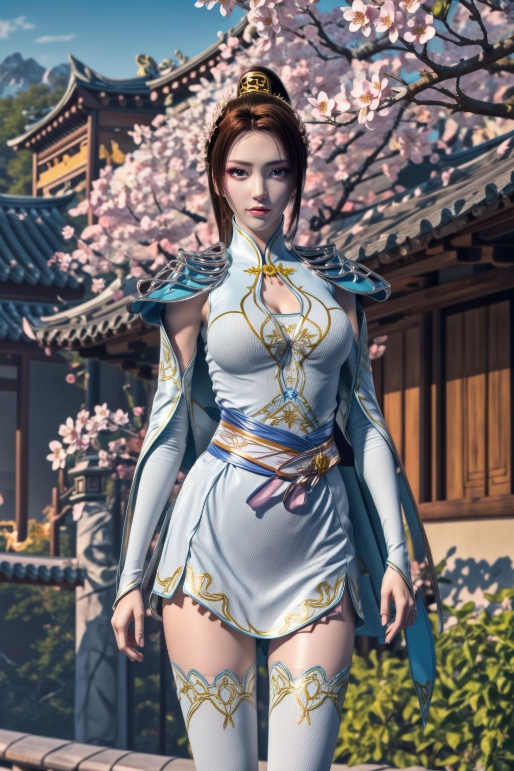 masterpiece,(best quality),official art,extremely detailed cg 8k wallpaper,((crystalstexture skin)),(extremely delicate and beautiful),(looking at viewer:1.3),eyelashes,solo,1girl,ponytail,large breasts,brown hair,hair ornament,long hair,clothing cutout,sash,chinese clothes,thighhighs,lace,medium breasts,cleavage,Cape,outdoors,cherry_blossoms,river,standing,hiqcgbody,cowbody shot,<lora:hiqcg_body_epoch:0.3:NF>,<lora:嫣然:0.7>,<lora:细节2more_details:0.4>,<lora:yanran:0.3>,